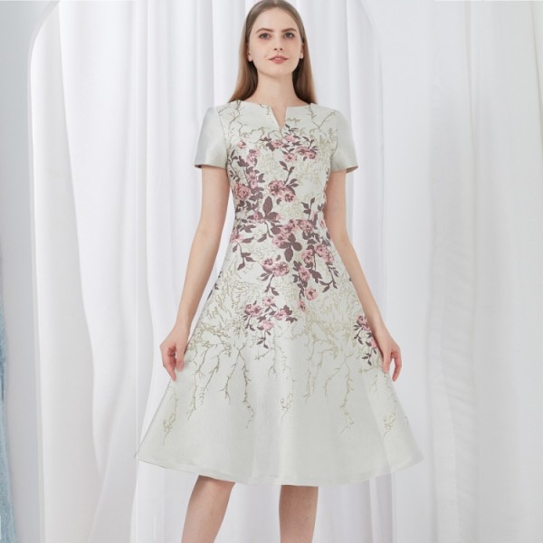 Jacquard Floral Hand Embroidered Party Dress