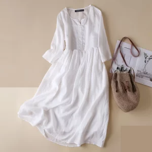 A-line Half Sleeve Mid-calf Cotton Dress