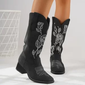 Boho Embroidered Square Heel Mid-calf Boots