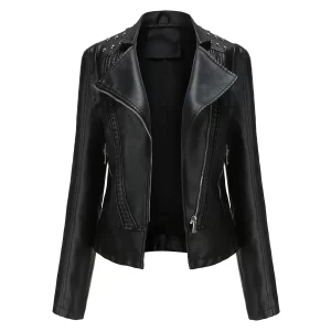 Washed PU Leather Riveted Zipper Jacket