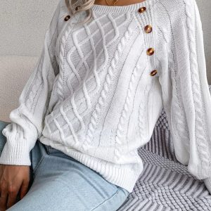 Casual Square Collar Long Sleeve Knitted Pullover