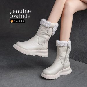Genuine Cow Leather Thick Plush Winter Boots