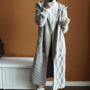 Wool Blend Hand-knitted Hooded Winter Cardigan