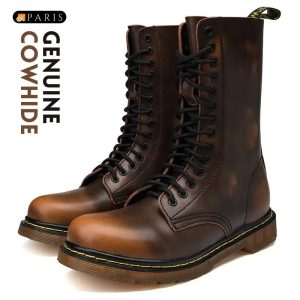 Unisex Genuine Cow Leather Lace-up High-top Boots