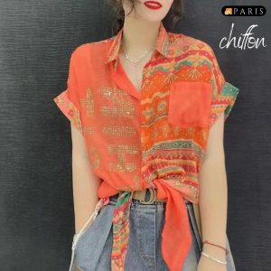 Korean Single Breasted Patchwork Chiffon Blouse