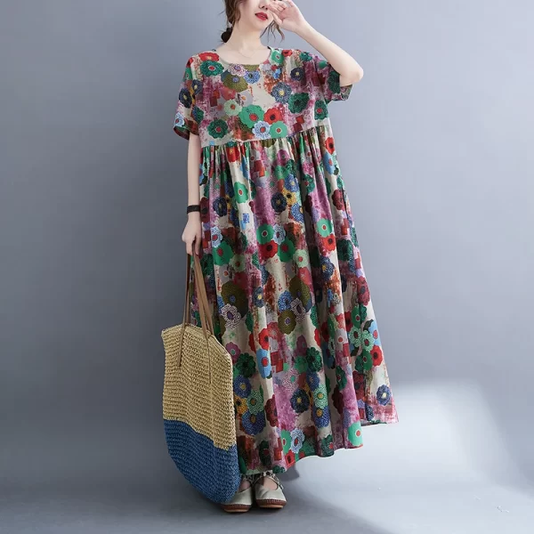 Vintage Abstract Floral Print Short Sleeve Mid-calf Dress