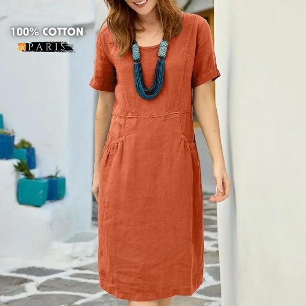 100% Cotton Vintage Short Sleeve Knee-length Dress