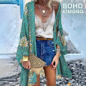 Open Front Bohemian Floral Print Fashion Kimono