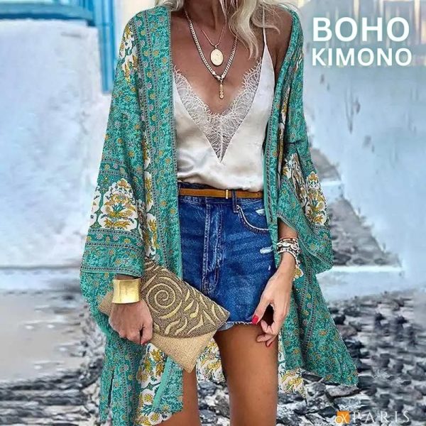 Open Front Bohemian Floral Print Fashion Kimono